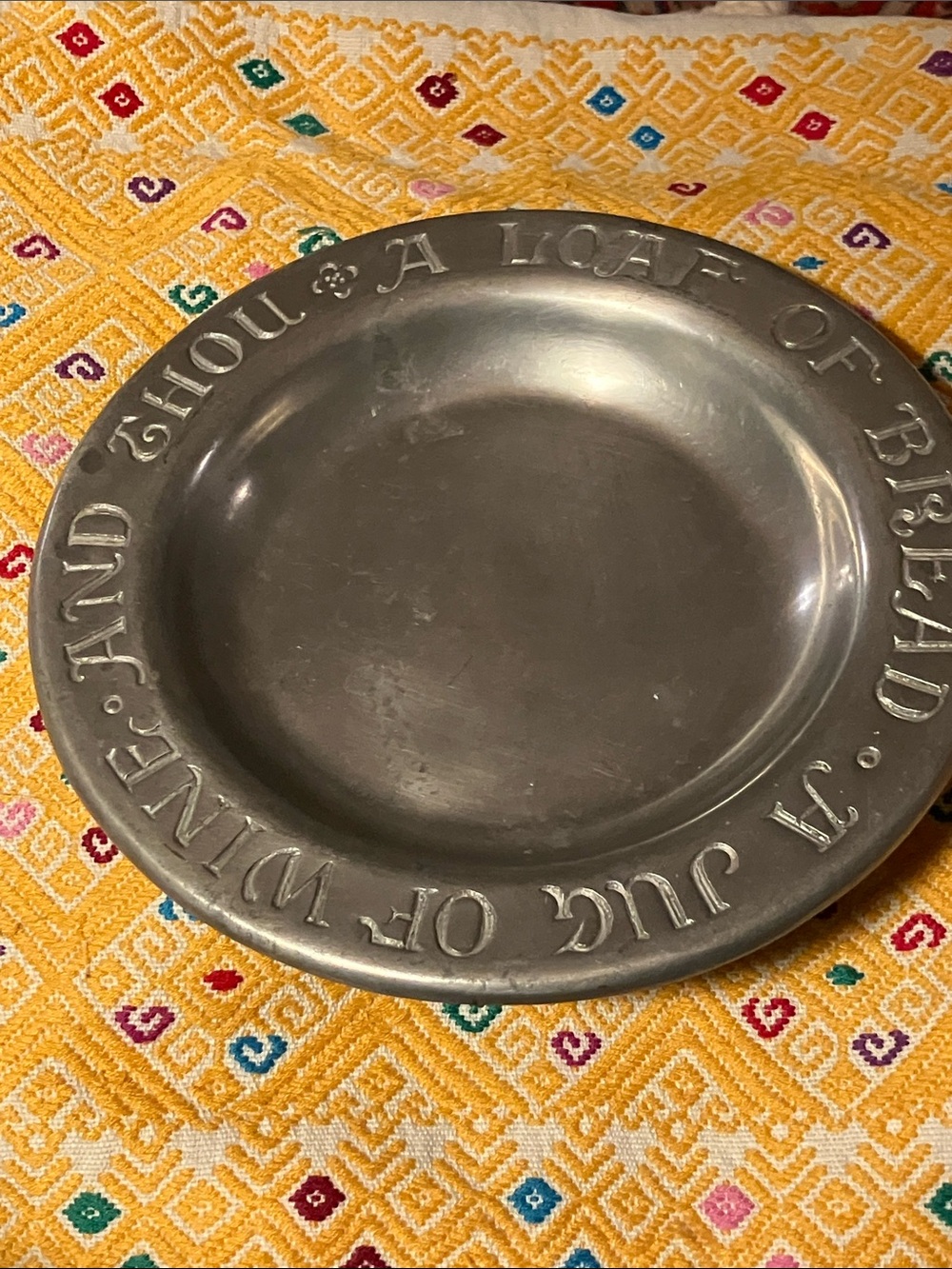 A loaf of Bread, A jug of Wine, and Thou open on pewter plate vintage mcm
